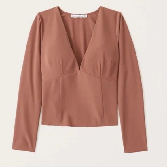Abercrombie Long Sleeve Deep V Top Brown - Picture 2 of 7